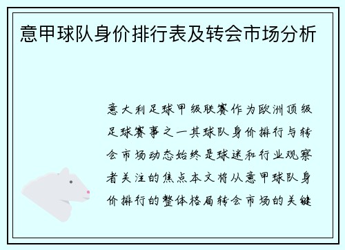 意甲球队身价排行表及转会市场分析