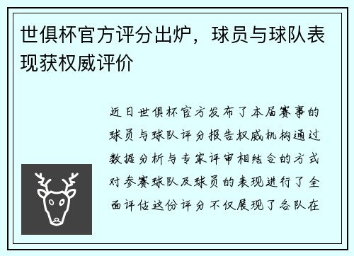世俱杯官方评分出炉，球员与球队表现获权威评价